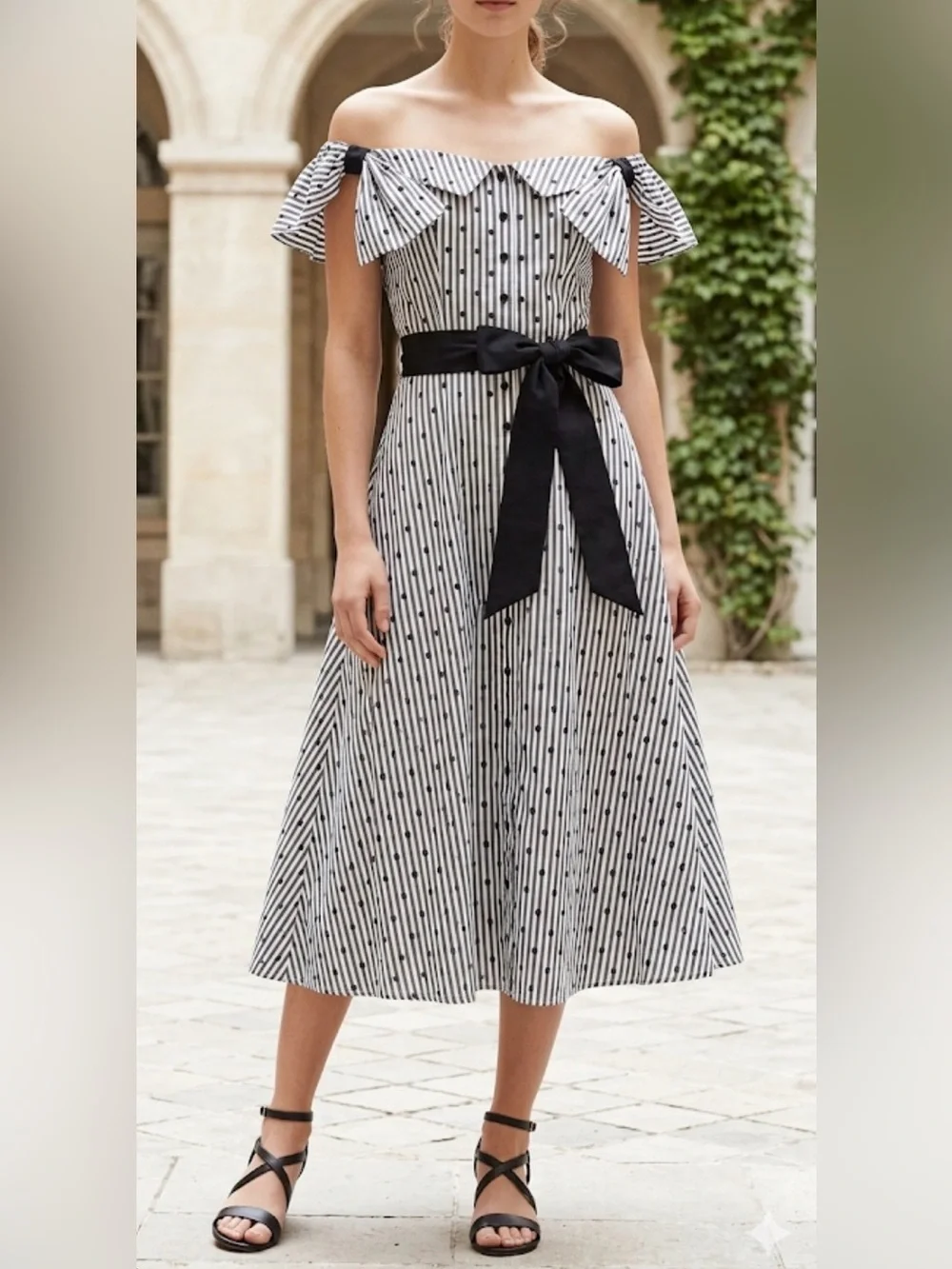 Anne Fontaine Polka Dot Striped Off-the-Shoulder Cotton Midi Dress Navy White 10